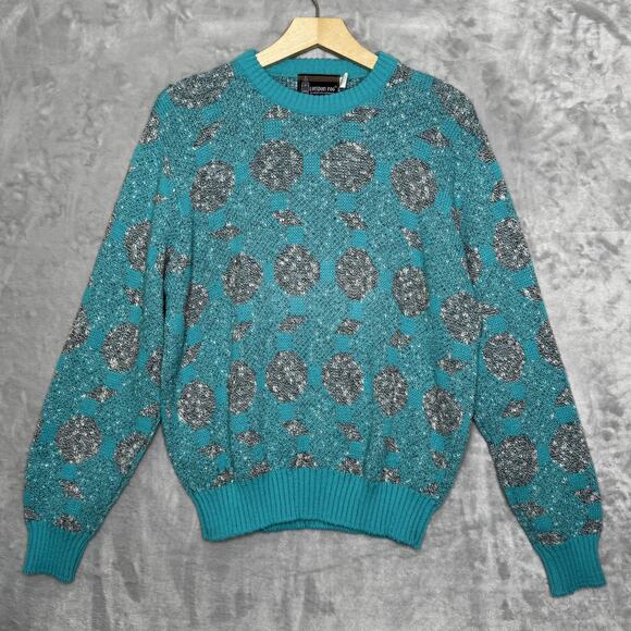 Vintage London Fog Sweater Mens Medium Blue Gray Geometric Knit Pullover USA 80s - Picture 1 of 9